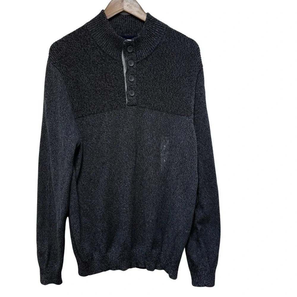 Club Room Sweater Mens L Gray Button Neck Cotton Knit Lightweight Pullover New